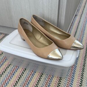 Seychelles Nude Ballet Flats with Metallic Gold Cap Toe